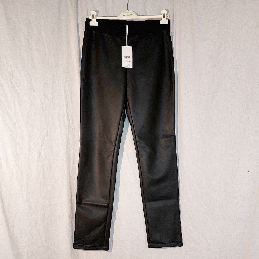 8 by YOOX black PU leather elastic waist leggings, EU-XL/US10, NWT, Flaws
